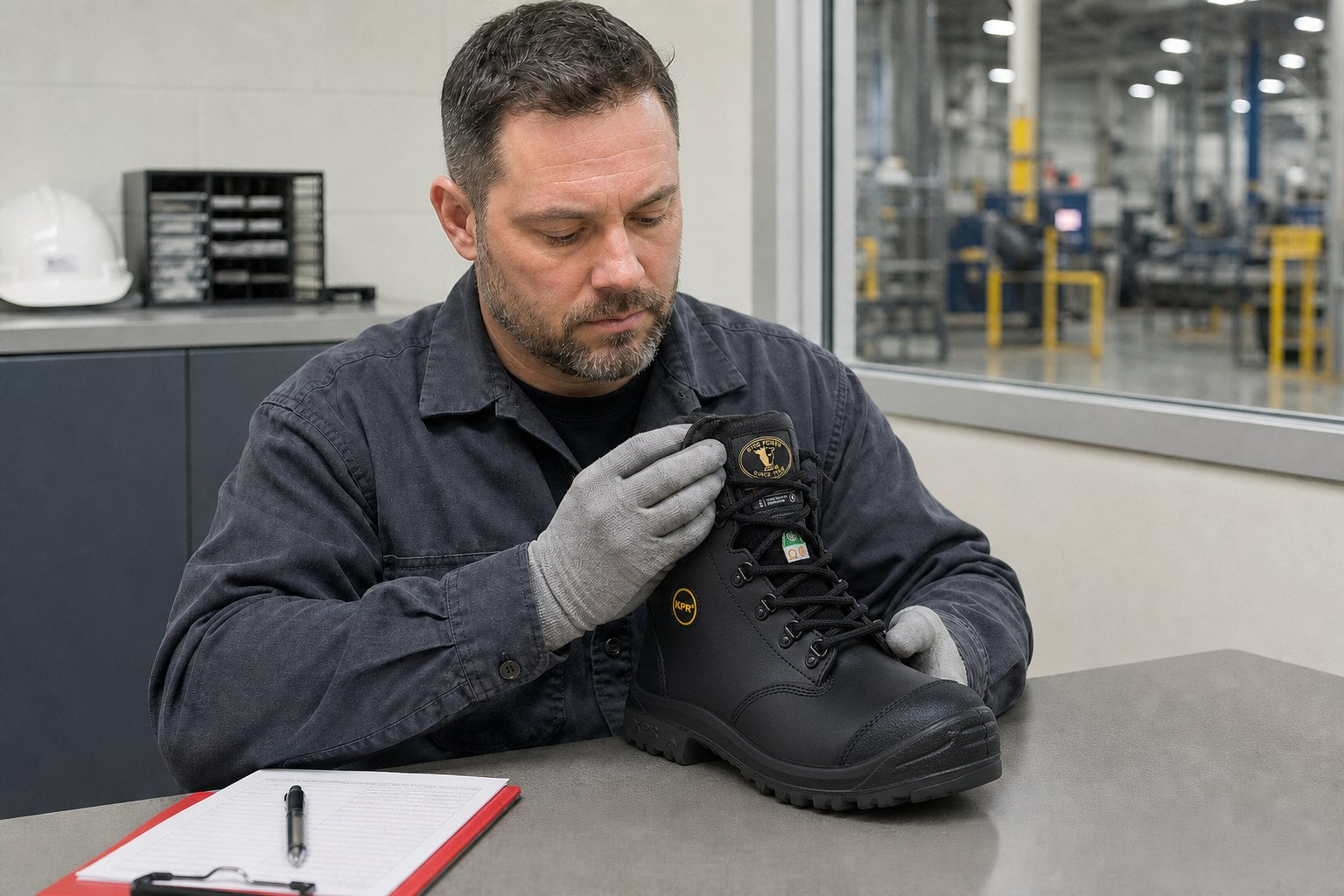 Safety manager inspecting the permanent marking inside safety footwear