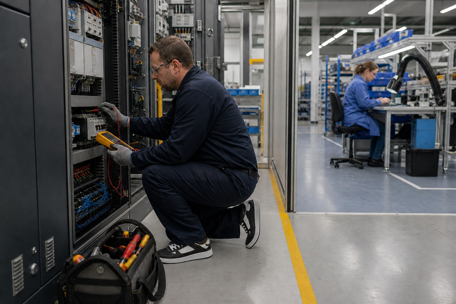 Technician working in an electrical and static-sensitive industrial environment
