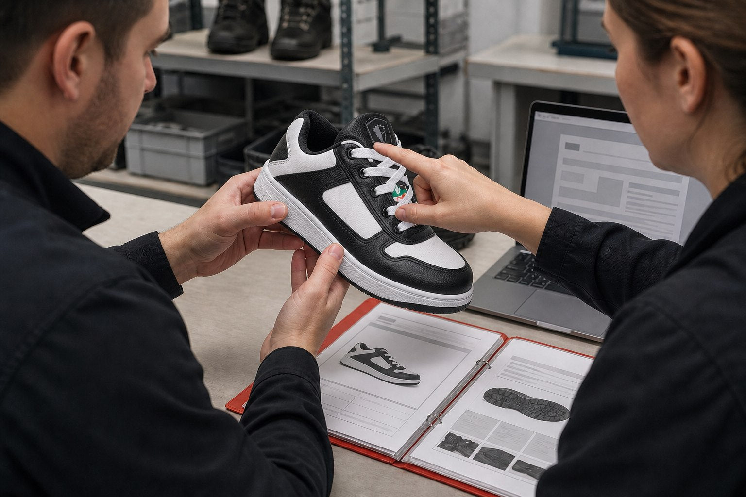 Technical specialists matching an exact safety shoe model with documentation