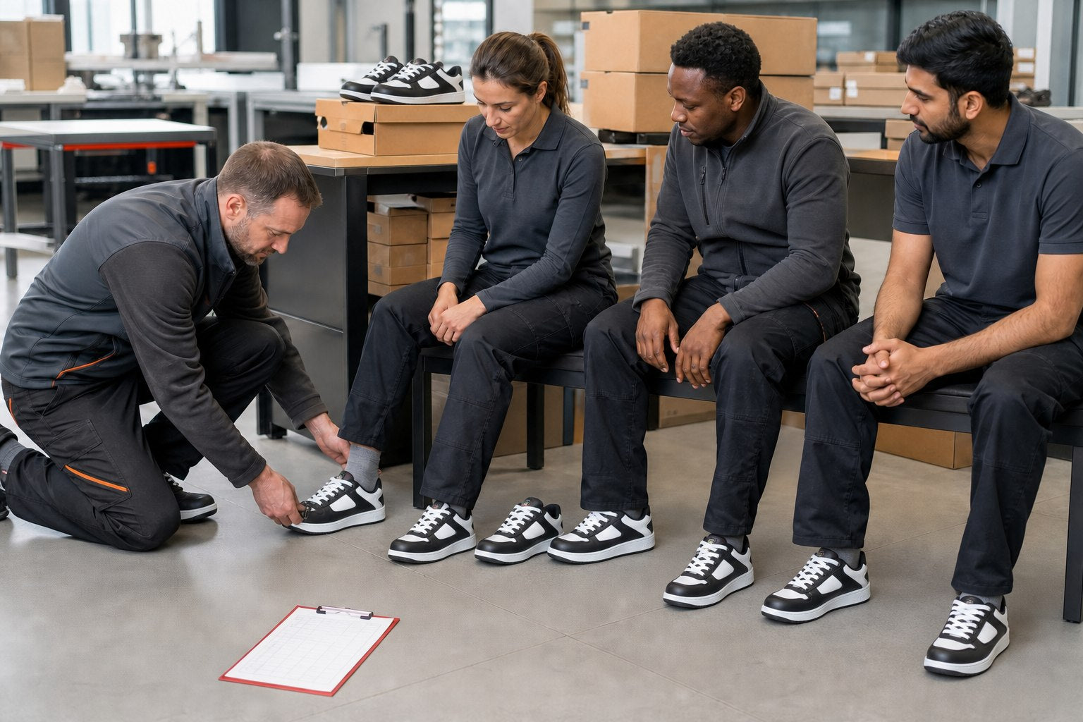Workplace team completing an organized safety footwear fitting session