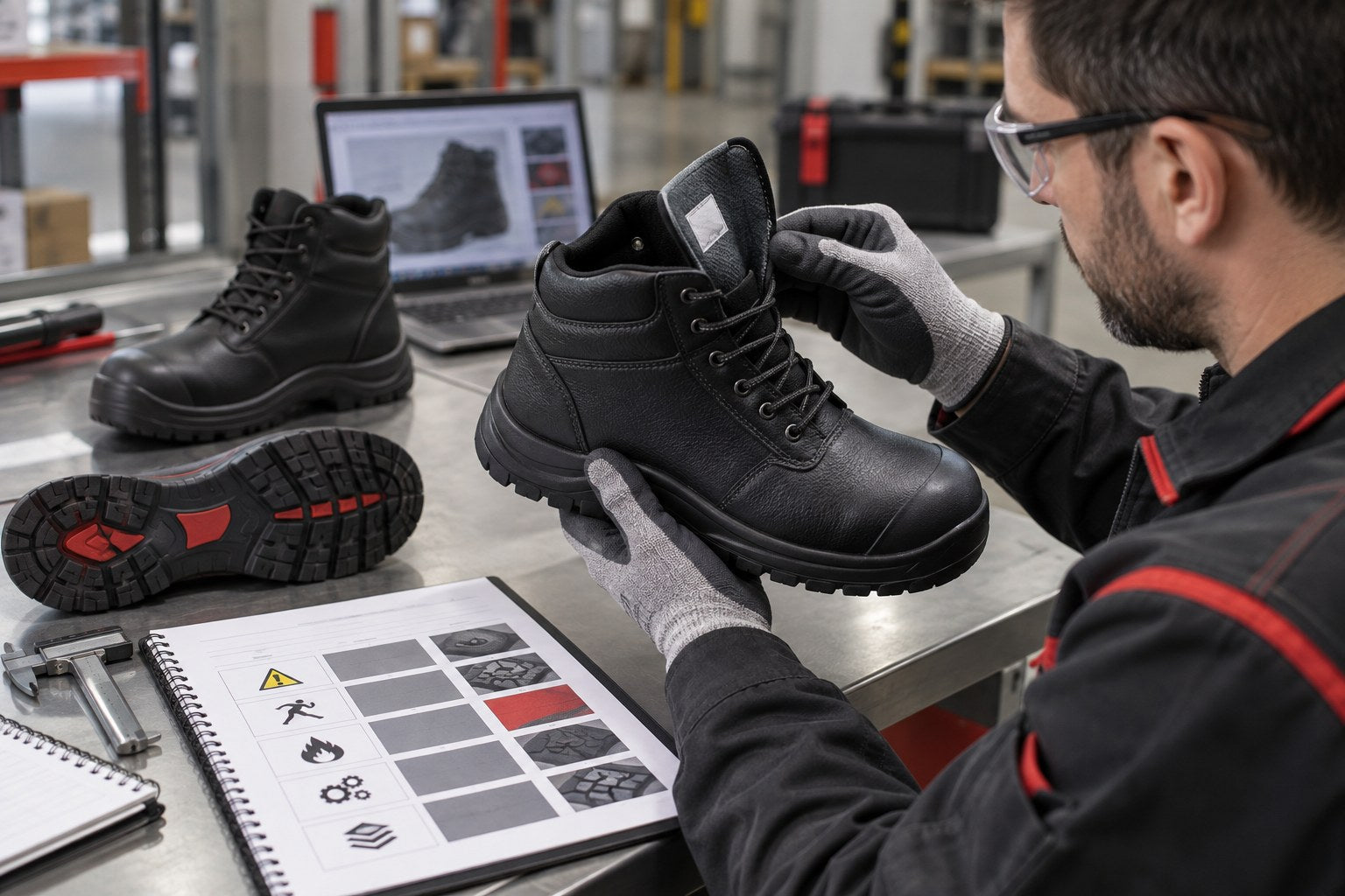 Safety specialist comparing a work boot with model evidence and hazard records