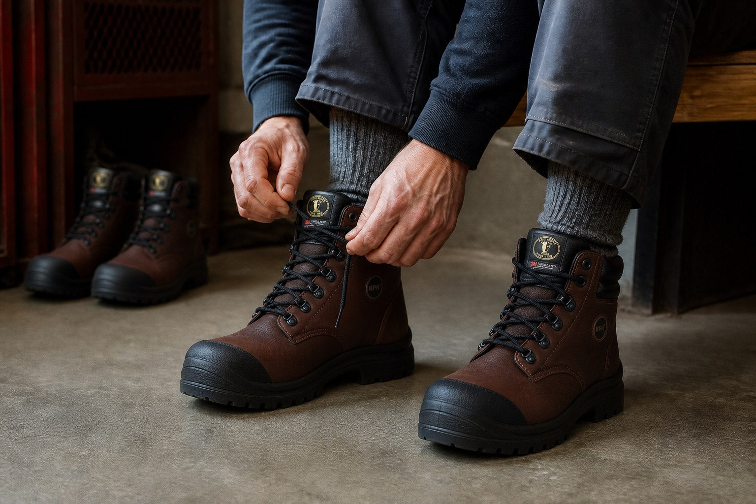 Worker lacing new leather safety boots before gradual first wear