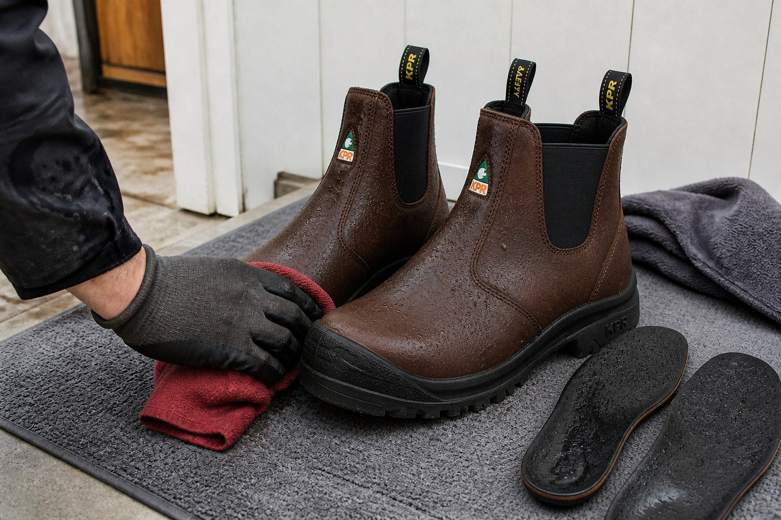 Damp work boots prepared for safe air drying after a wet shift