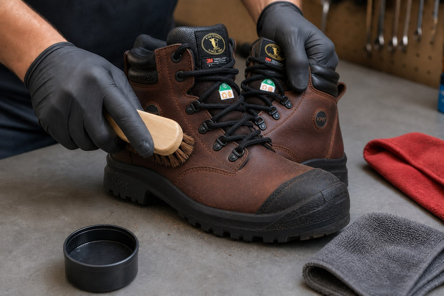 Gloved hands brushing dry dirt from leather safety boots