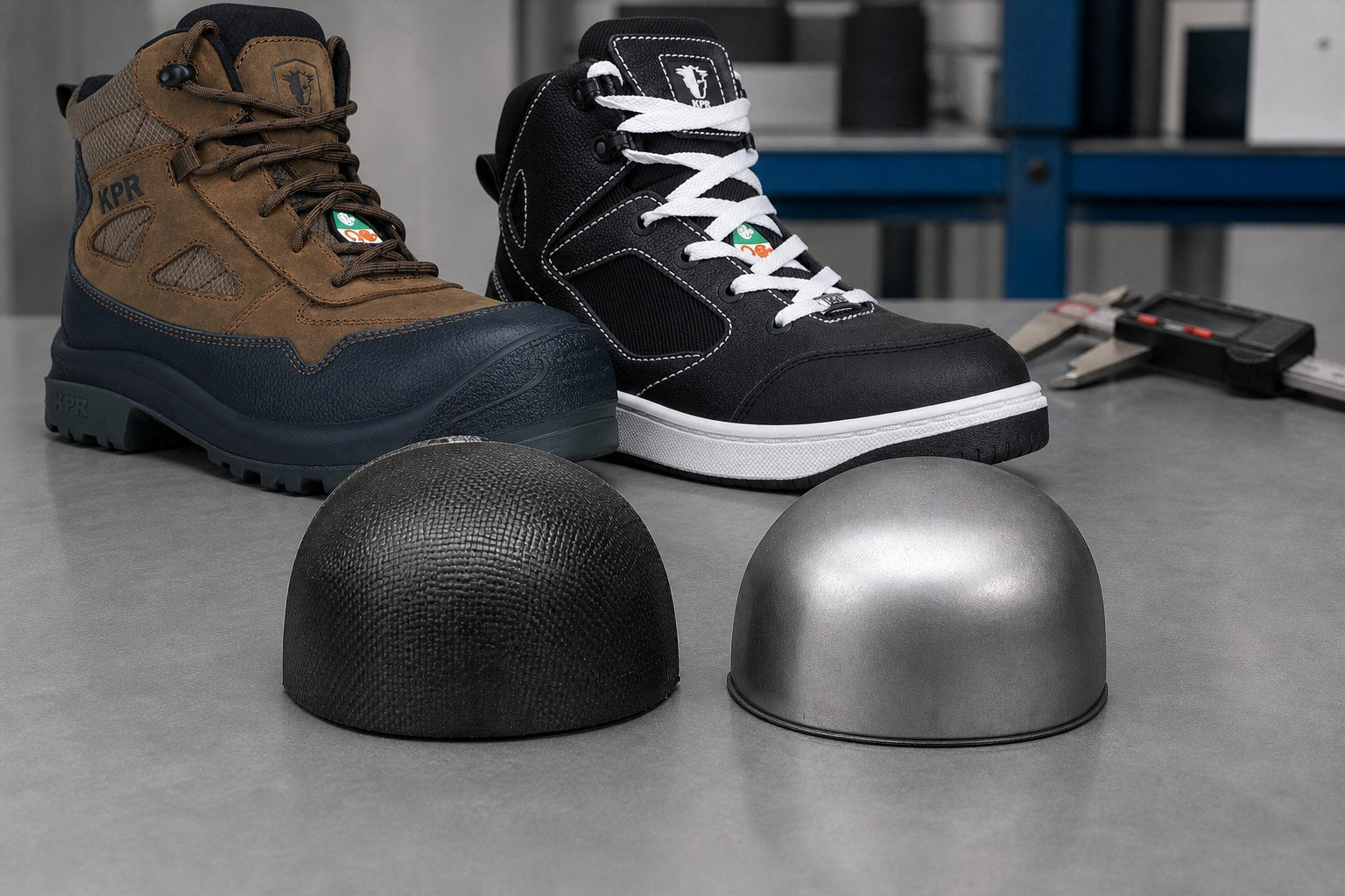Nonmetallic composite and steel protective toe caps compared side by side