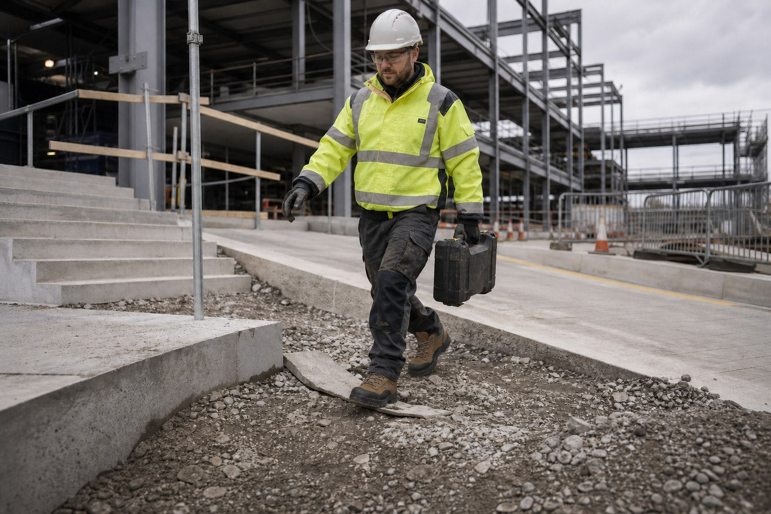 Construction worker crossing an uneven jobsite surface in safety boots