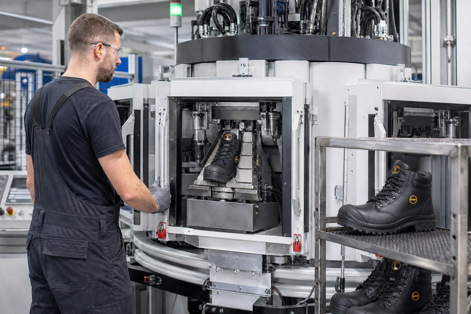 Operator monitoring KPR M222 boots in direct-injection footwear manufacturing equipment