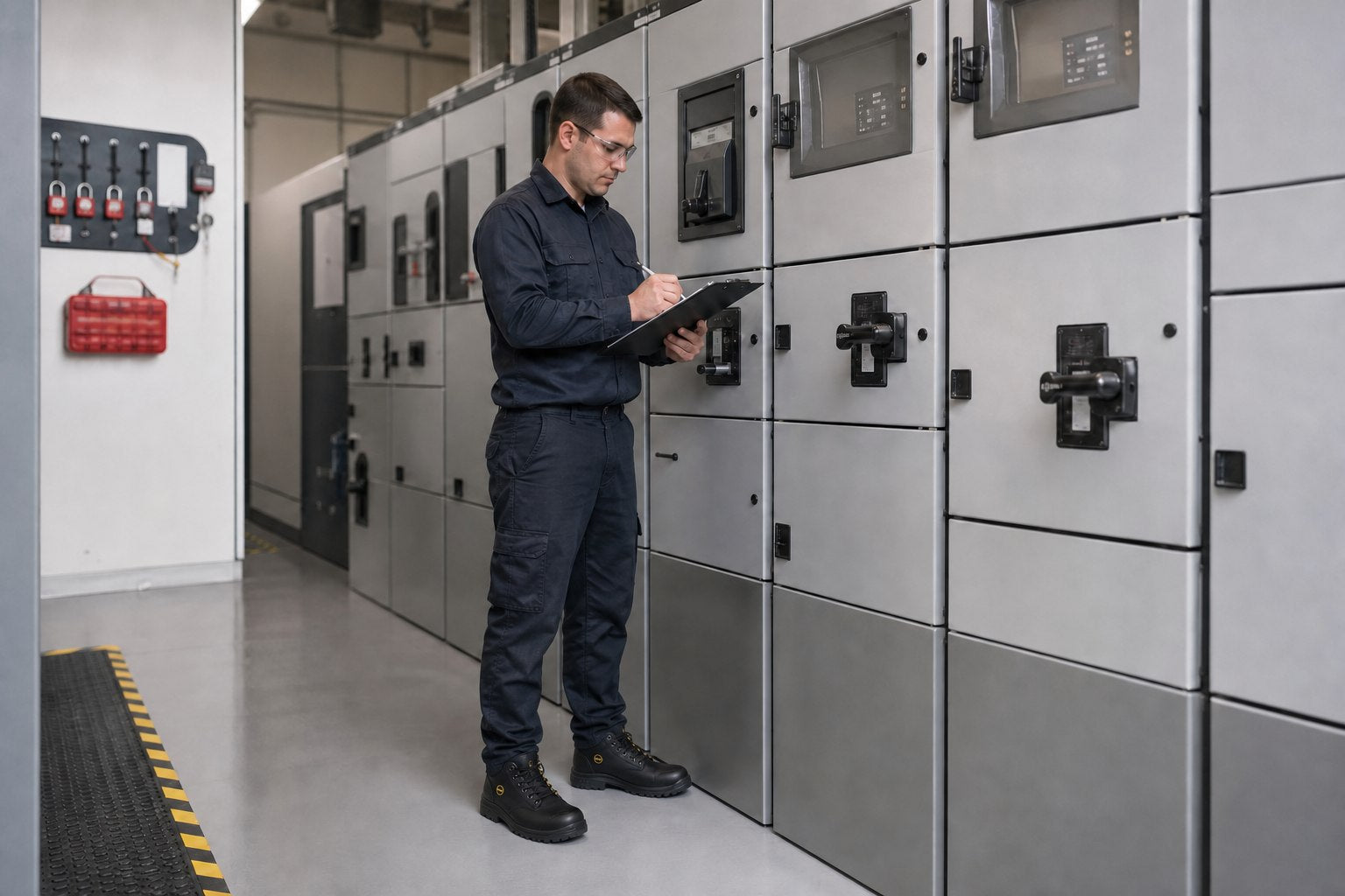 Qualified electrician inspecting closed switchgear in appropriate work footwear
