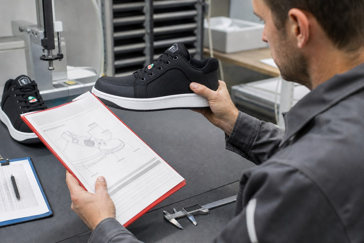 Quality technician comparing a safety shoe marking area with technical documentation
