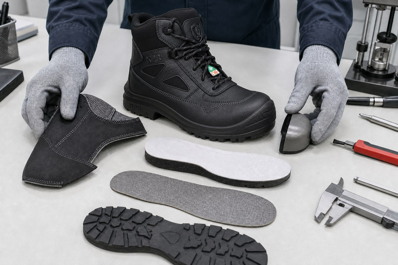 Safety footwear upper toe cap underfoot layer midsole and outsole components