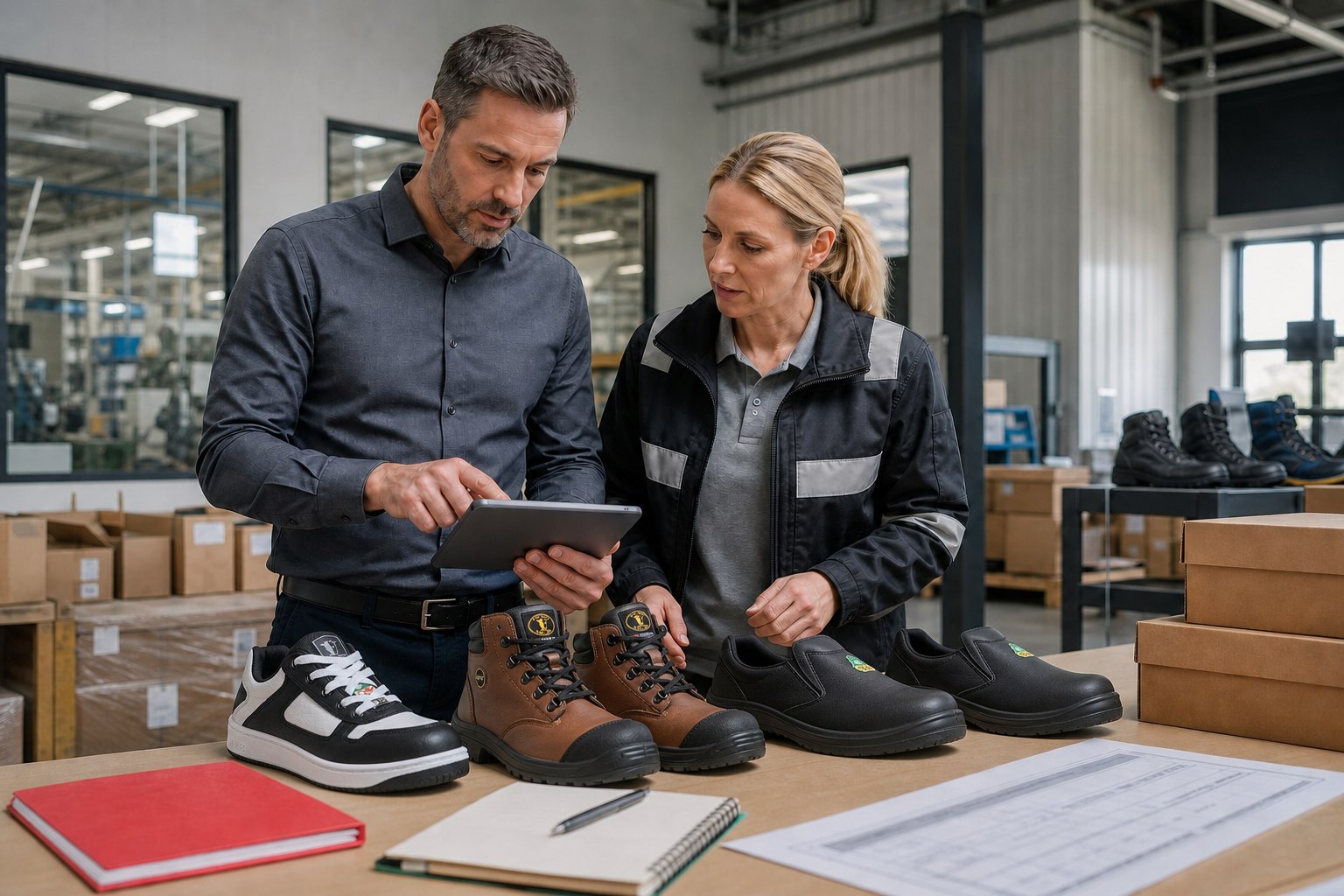 Procurement and safety specialists comparing workplace footwear samples