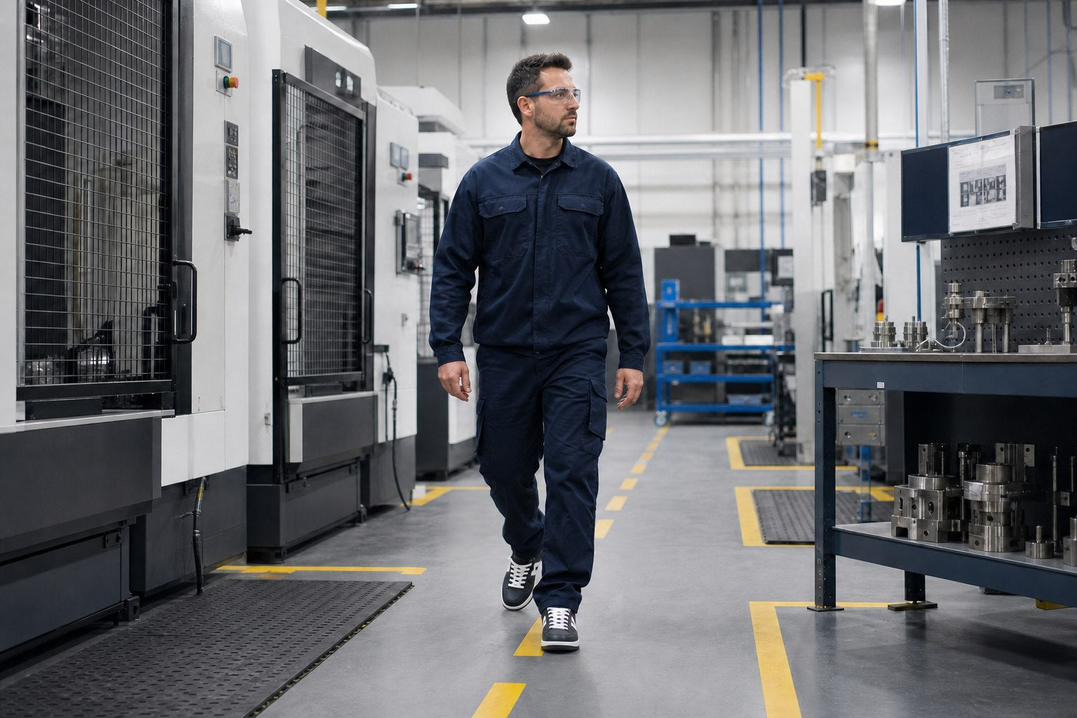 Manufacturing operator walking through marked machinery work zones