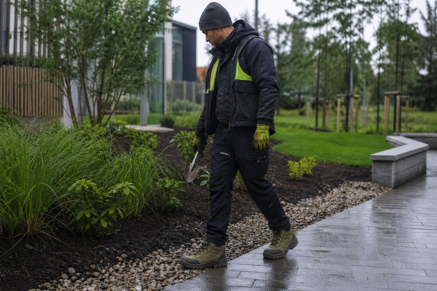 Landscaping worker crossing wet soil gravel and paved surfaces