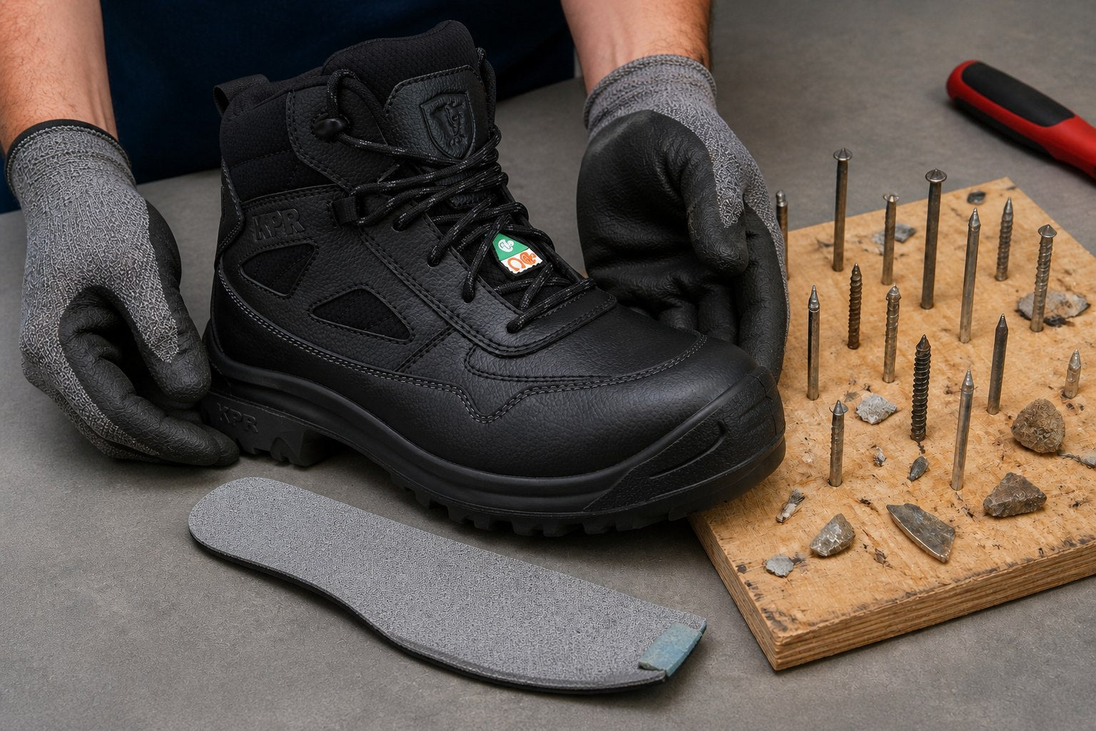 Underfoot protective layer inspected beside sharp construction debris