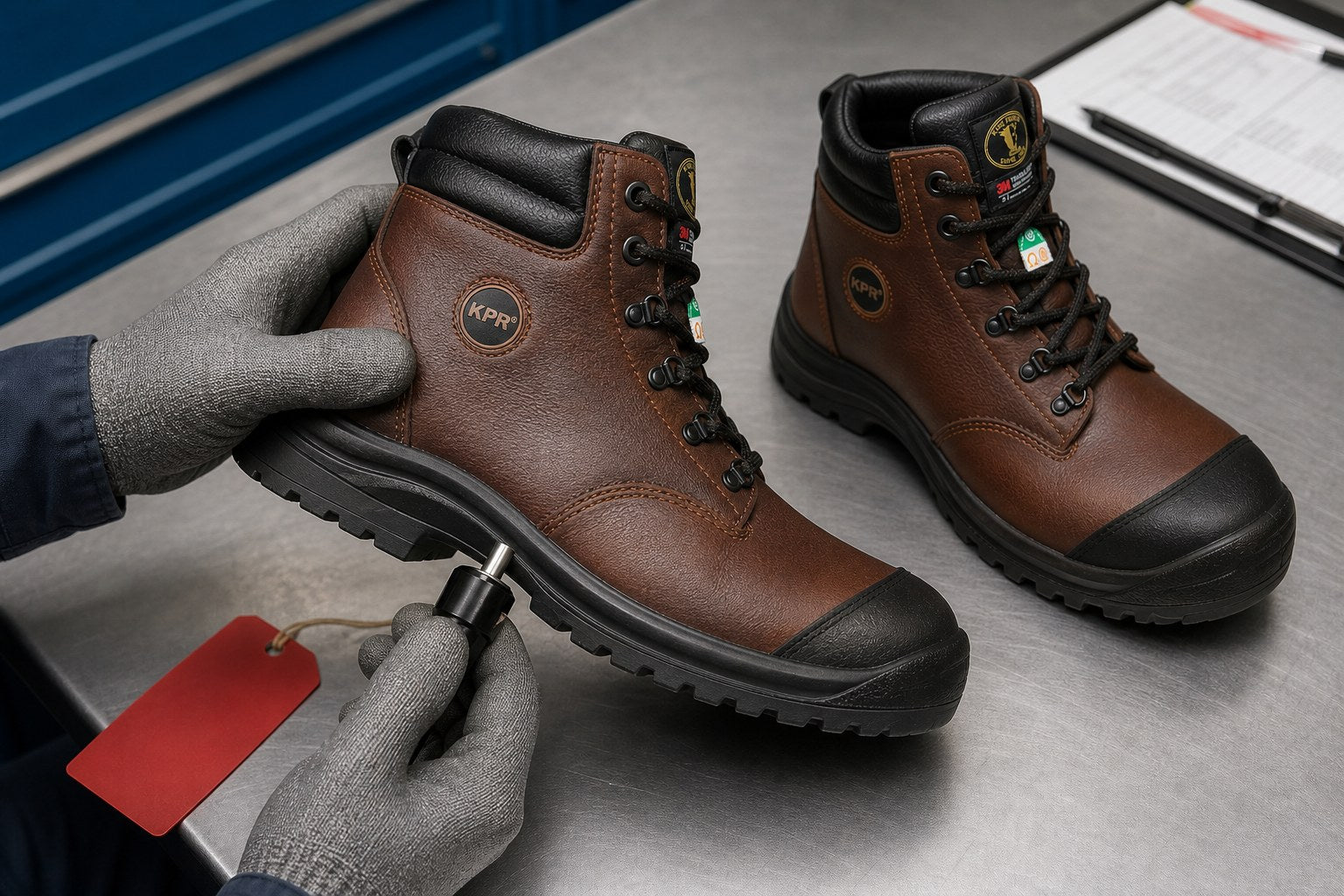 Inspector checking outsole edge wear on KPR M222 brown safety boots