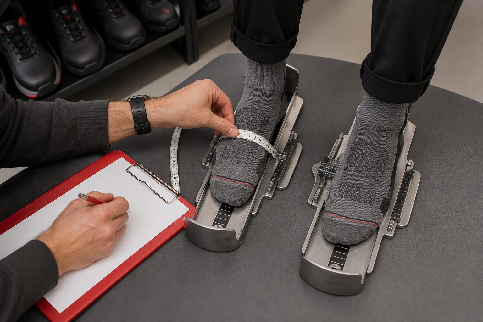 Both feet being measured for safety footwear length and width