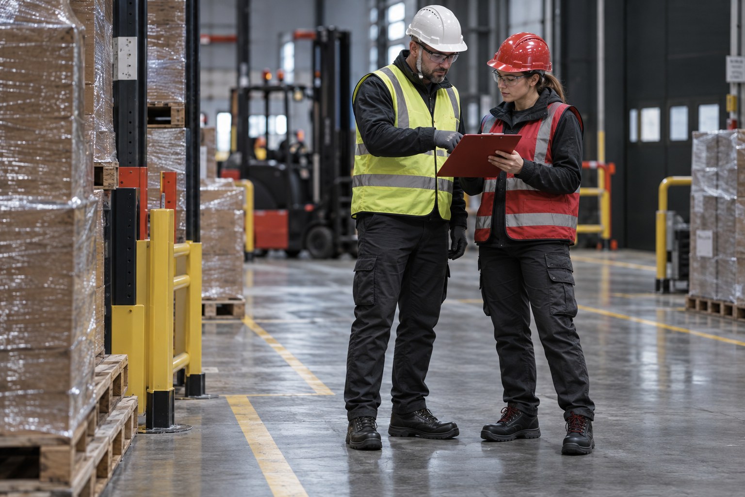 Warehouse safety manager and worker reviewing a workplace foot hazard assessment