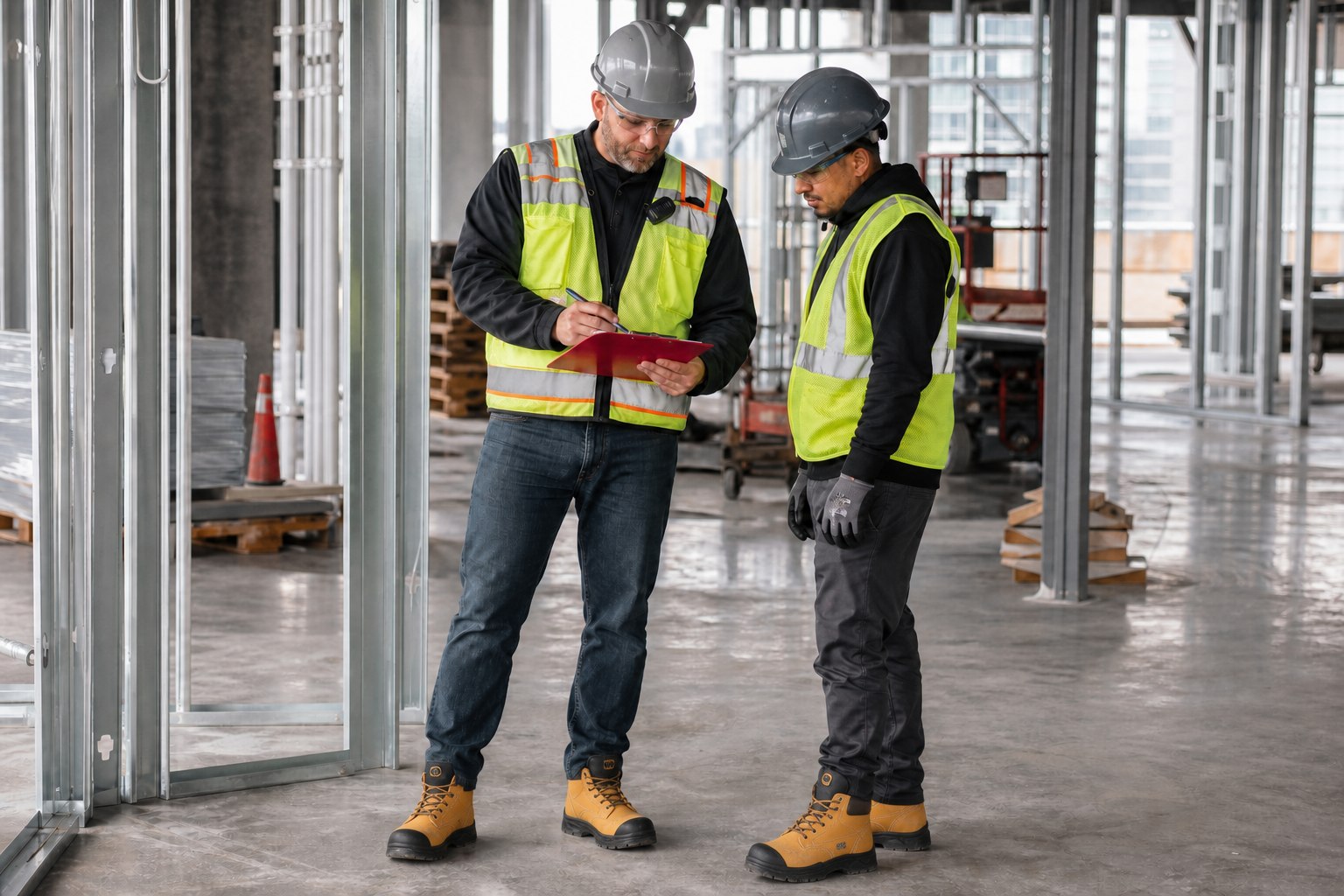 Construction safety team reviewing workplace foot hazards before footwear selection