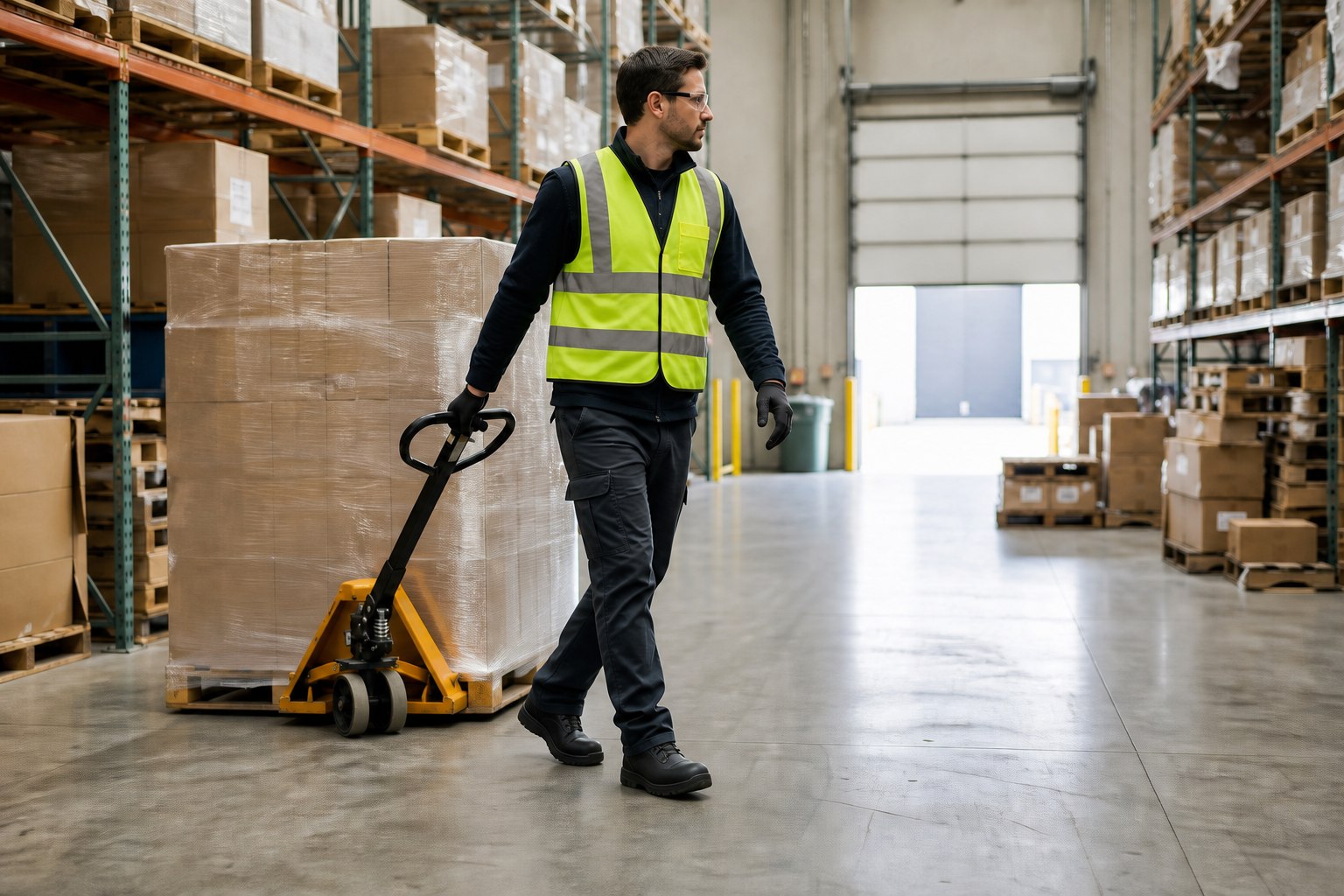 Warehouse worker moving a pallet jack across a smooth logistics floor