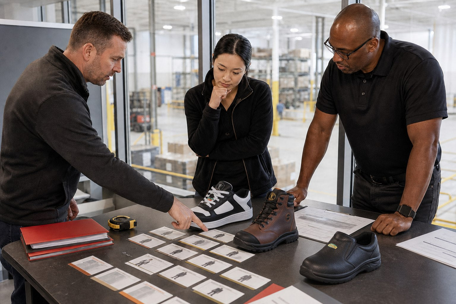 Workplace team comparing KPR footwear models for a documented safety footwear program