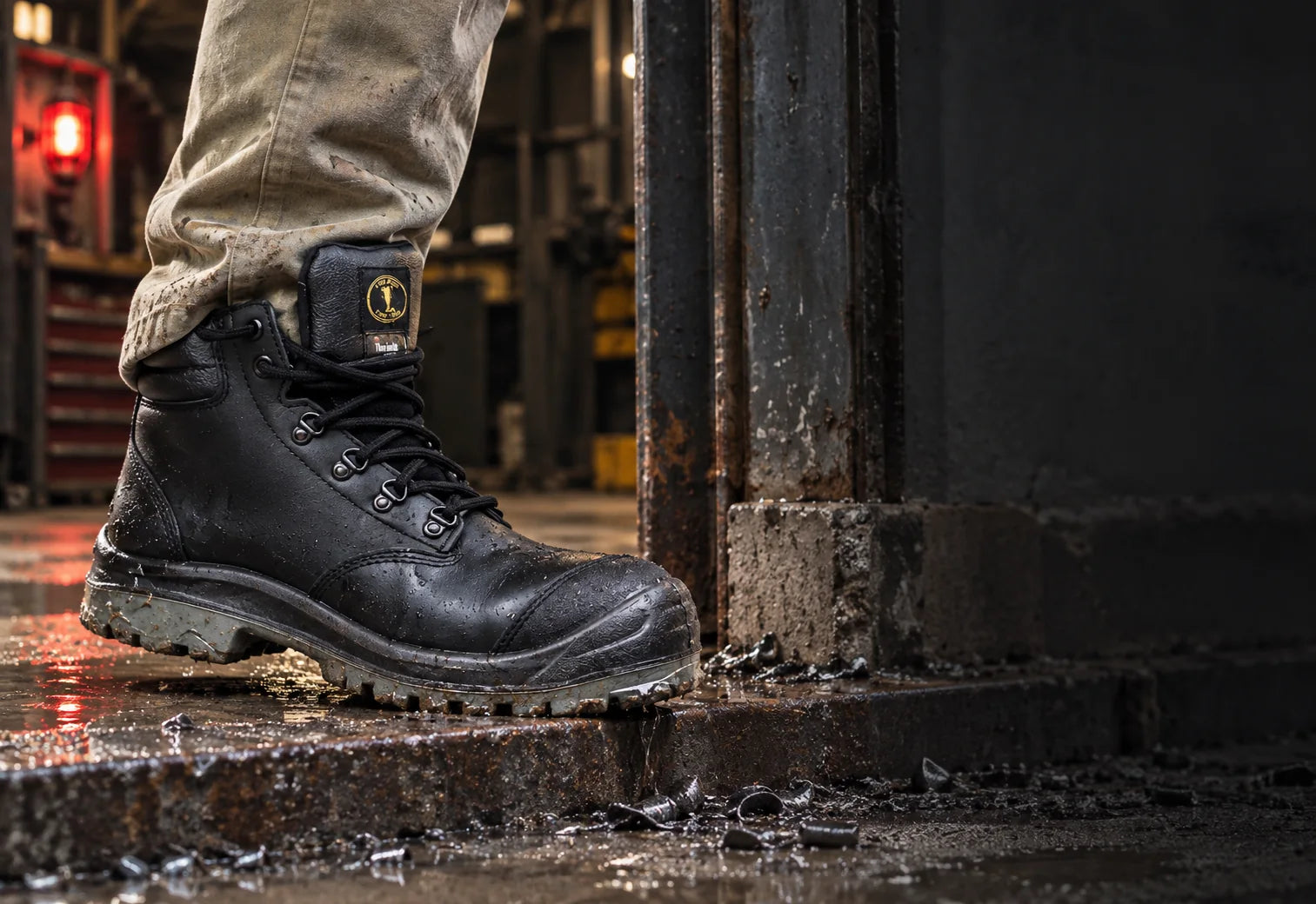 Close view of a KPR safety boot in an industrial environment